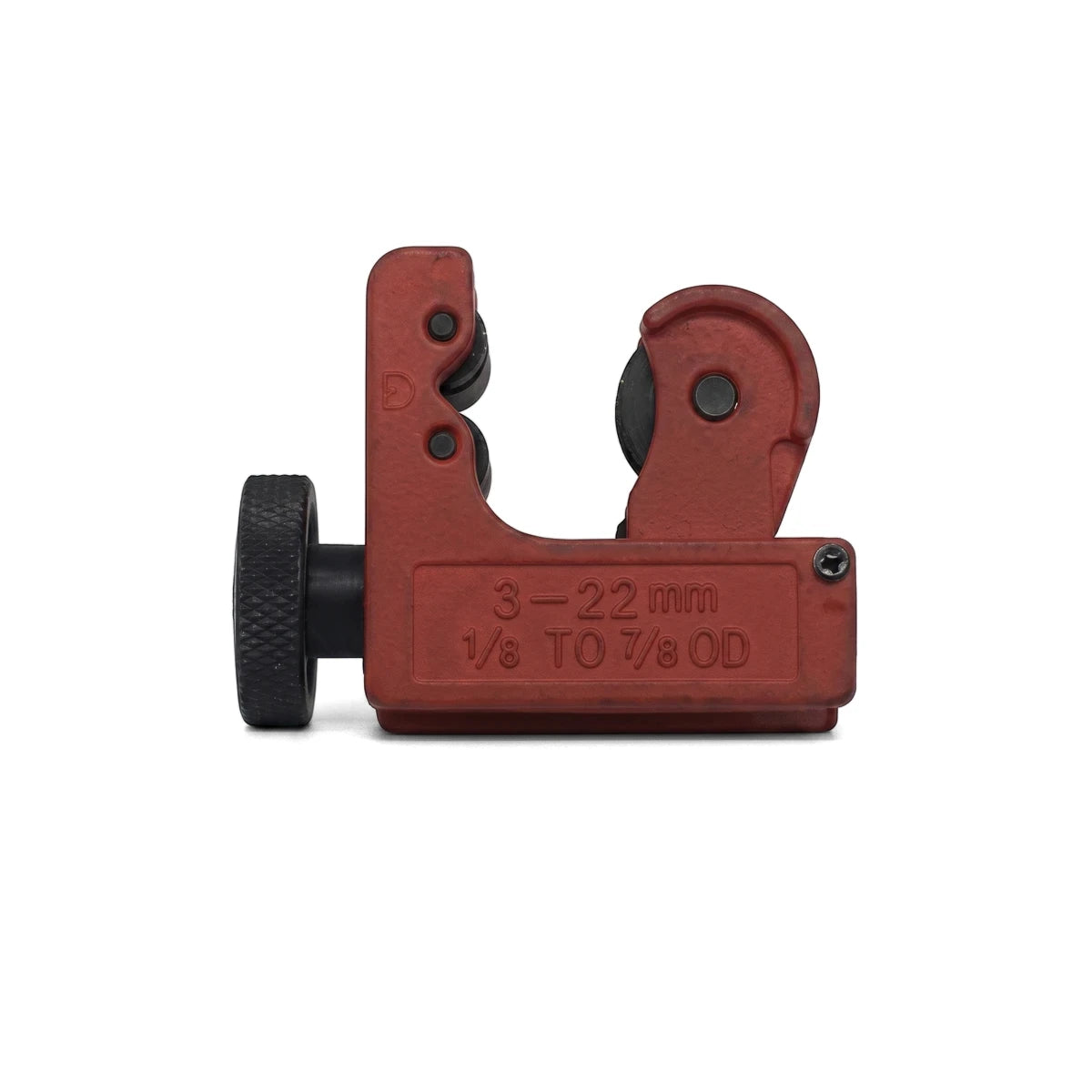 Red Mini Pro Pipe Cutter for 1/4 to 7/8 inch tubes, with black adjustment knob and cutting wheels, shown on a white