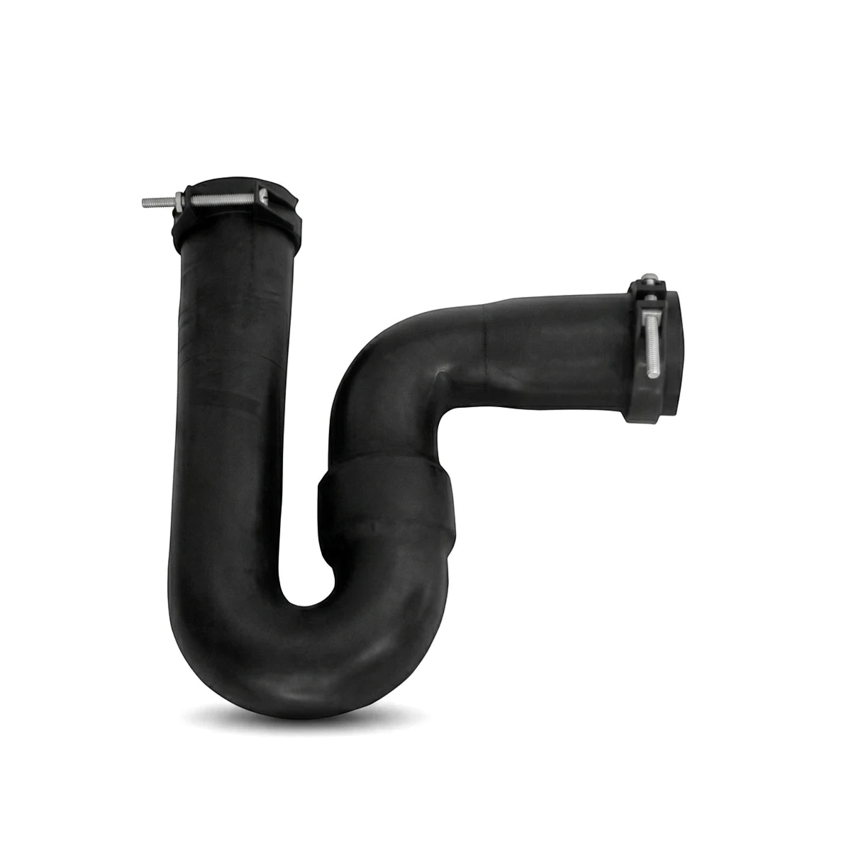 Black rubber mini reseal P-trap hose, 40mm x 40mm, featuring a U-bend and two metal clamps.