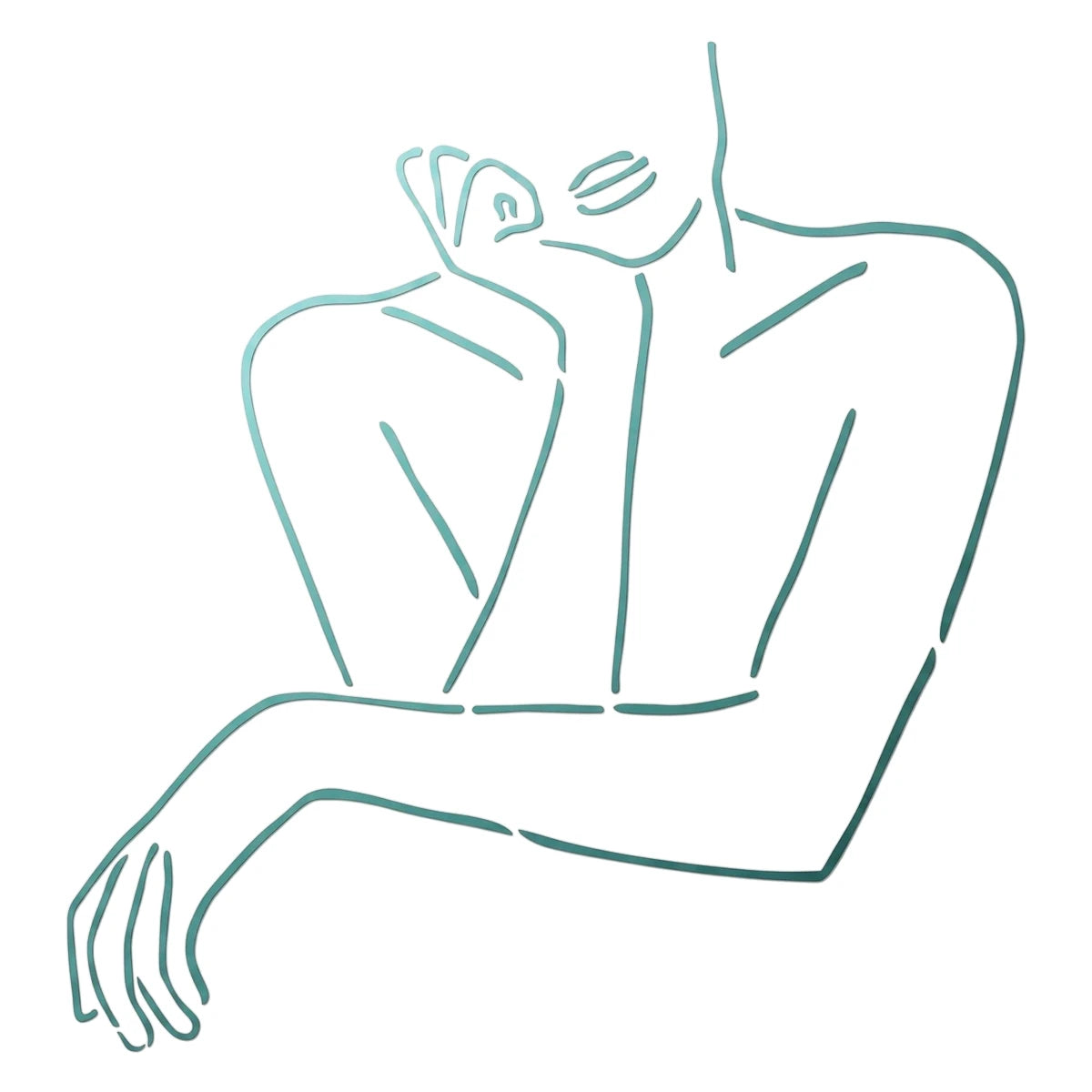Minimalist teal line art stencil of a woman's upper body, with one hand supporting her head, ideal for painting projects.