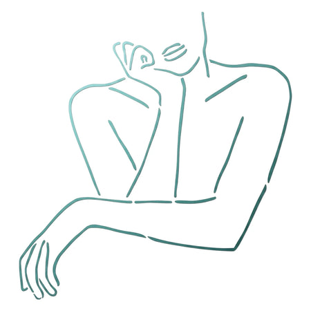 Minimalist teal line art stencil of a woman's upper body, with one hand supporting her head, ideal for painting projects.