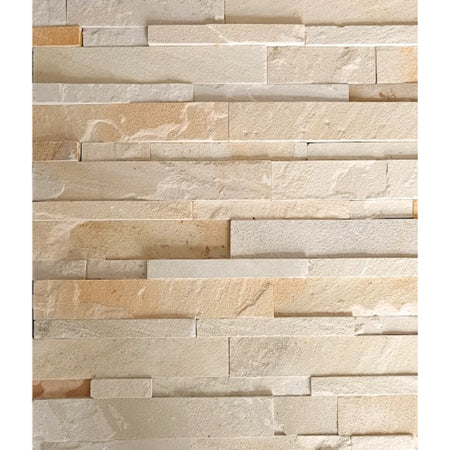 Close-up of Mint Sandstone Wall Cladding featuring rectangular pieces in natural beige and cream tones with a textured