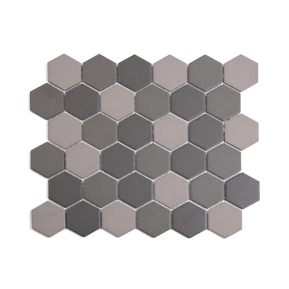 Mixed dark matte medium hexagon mosaic tile sheet, showcasing varying gray tones on a white background.