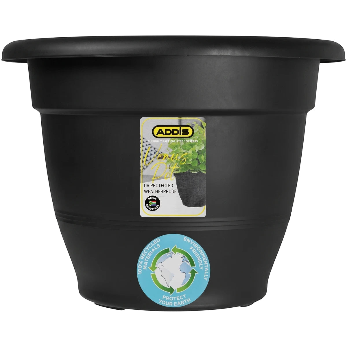 Mocha Venus Pot 44cm, a black UV protected and weatherproof plant pot made from 100% recycled plastic, shown from a front