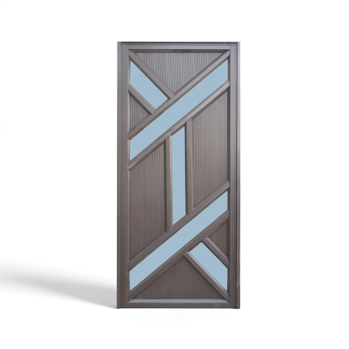 Modern aluminium zee door with brown ribbed panels and light blue geometric glass inserts on a clean white background.