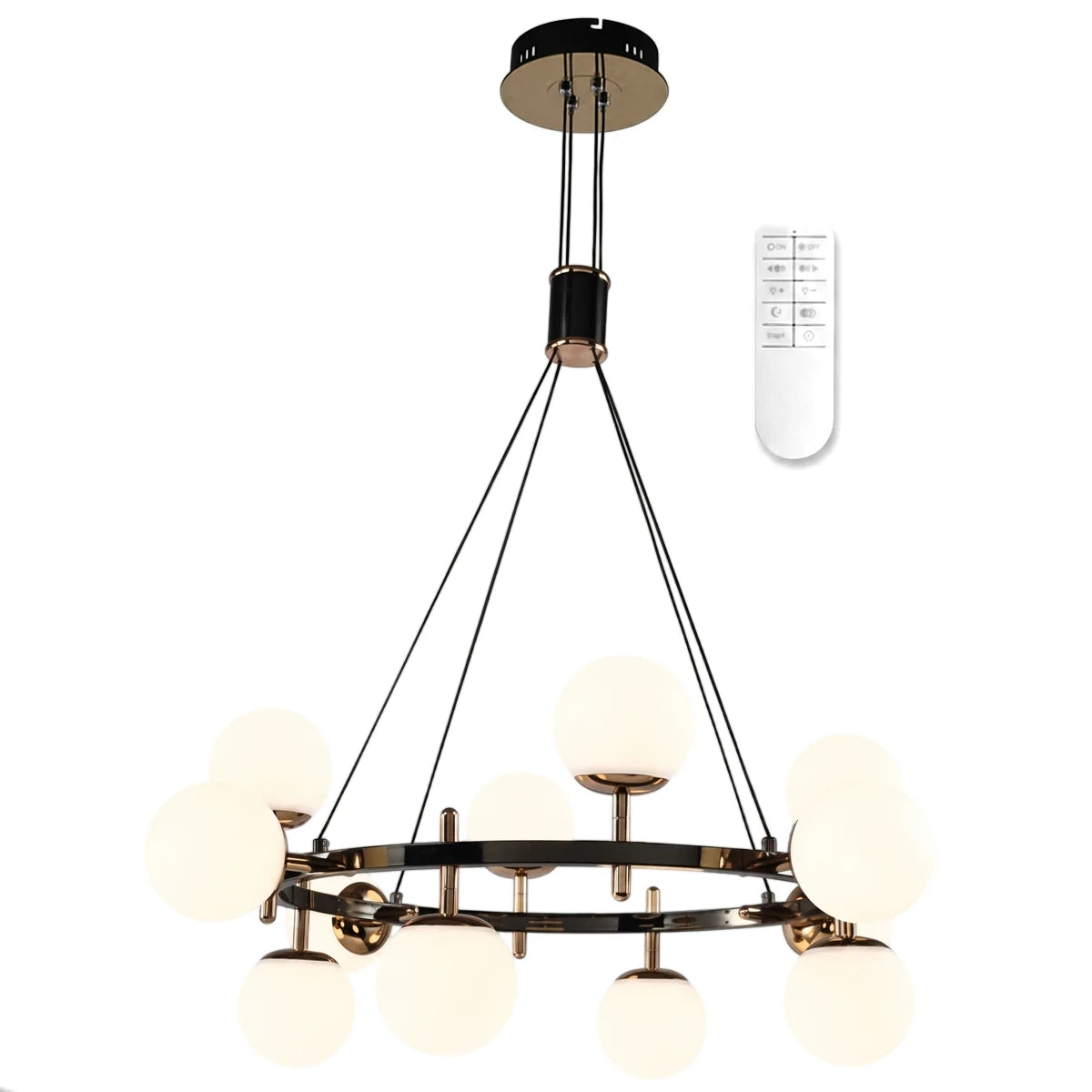 Modern black and gold metal and plastic chandelier with multiple spherical white globes and 2.4G remote control light
