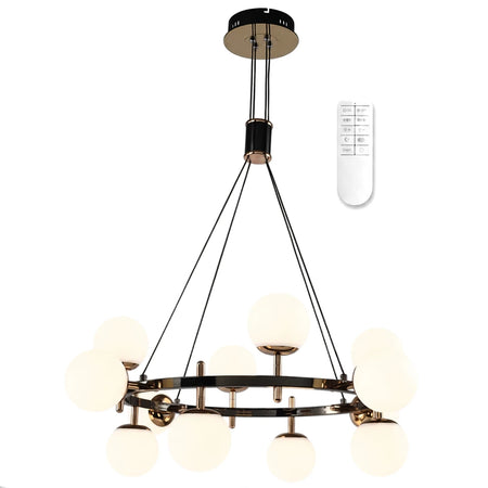 Modern black and gold metal and plastic chandelier with multiple spherical white globes and 2.4G remote control light