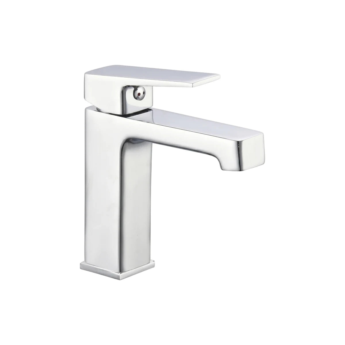 Modern chrome studio basin mixer with a single lever handle and rectangular spout, perfect for contemporary bathroom sinks.