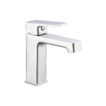 Modern chrome studio basin mixer with a single lever handle and rectangular spout, perfect for contemporary bathroom sinks.