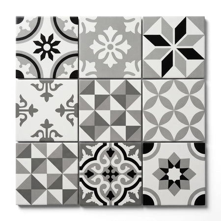 A 3x3 grid of square monochrome decorative tiles, 200x200mm each, featuring unique black, white, and gray geometric and