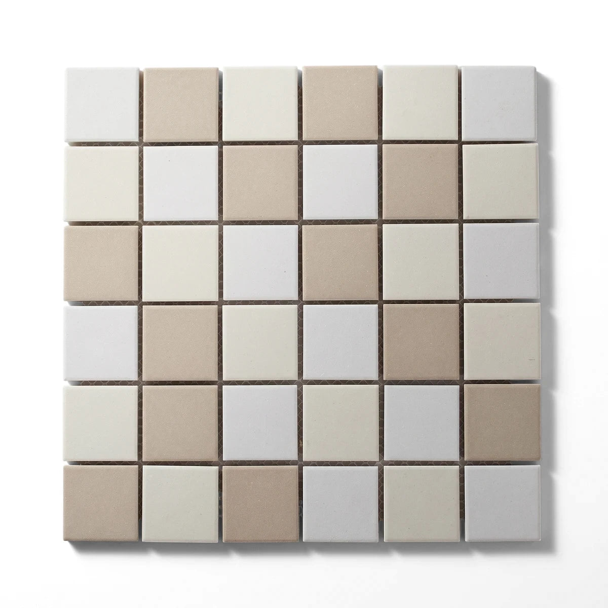 Montagu Matte Square Mosaic Tile sheet in light beige and off-white checkerboard pattern, top-down view.