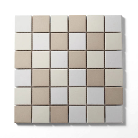 Montagu Matte Square Mosaic Tile sheet in light beige and off-white checkerboard pattern, top-down view.
