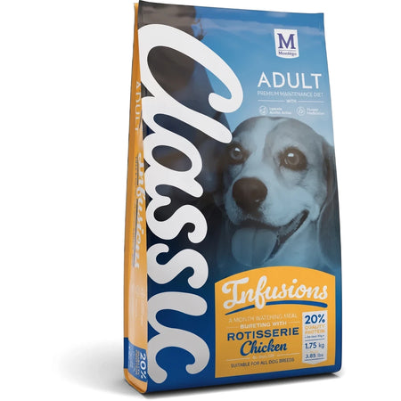 Montego Classic Adult Infusions Rotisserie Chicken Dog Food 1.75kg bag featuring a beagle on a blue background.