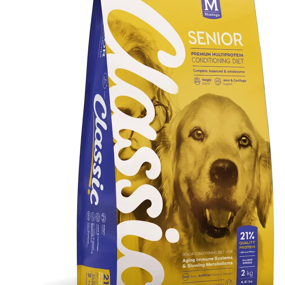 Yellow and blue Montego Classic Senior Dog Food bag featuring a golden retriever's face, 2kg, for aging dogs.
