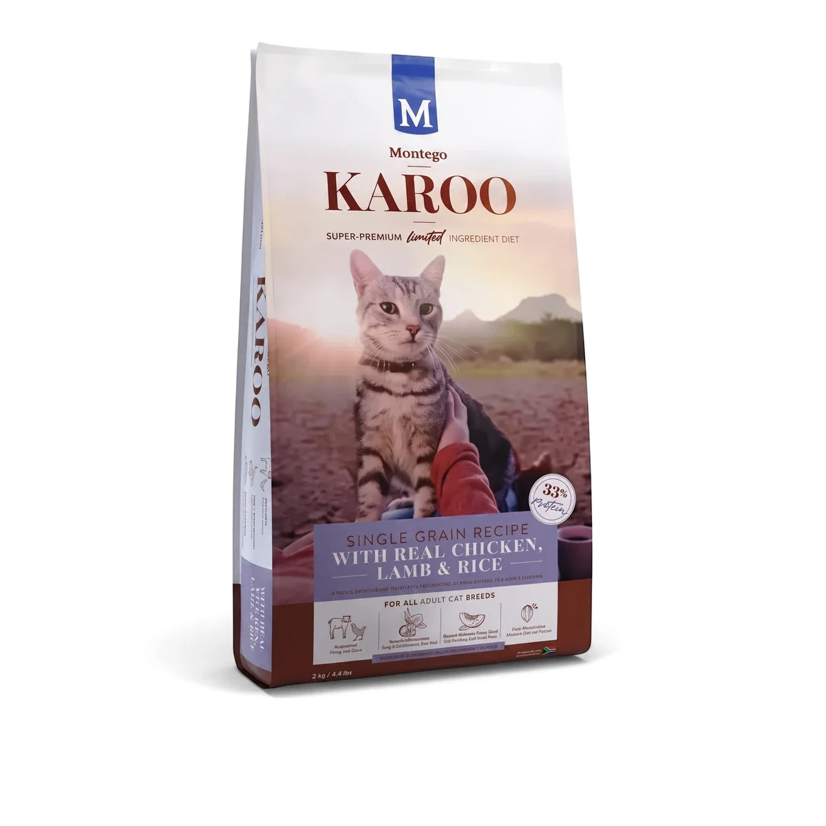 Montego Karoo Adult Cat Food, Chicken & Lamb recipe, in a white and blue bag featuring a grey tabby cat.
