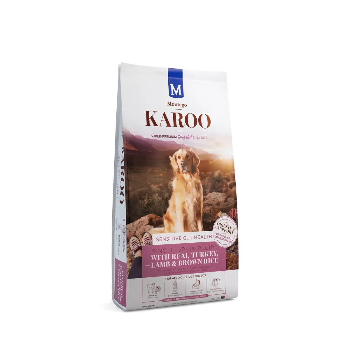 Montego Karoo Super-Premium Adult Dog Food bag, turkey and lamb, for sensitive gut health.