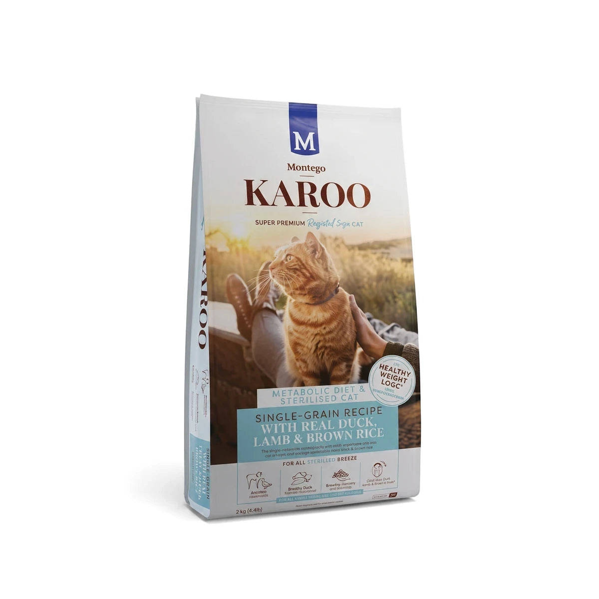 Montego Karoo Super Premium Metabolic Diet Sterilised Cat Food with Real Duck, Lamb & Brown Rice in a white and blue bag.