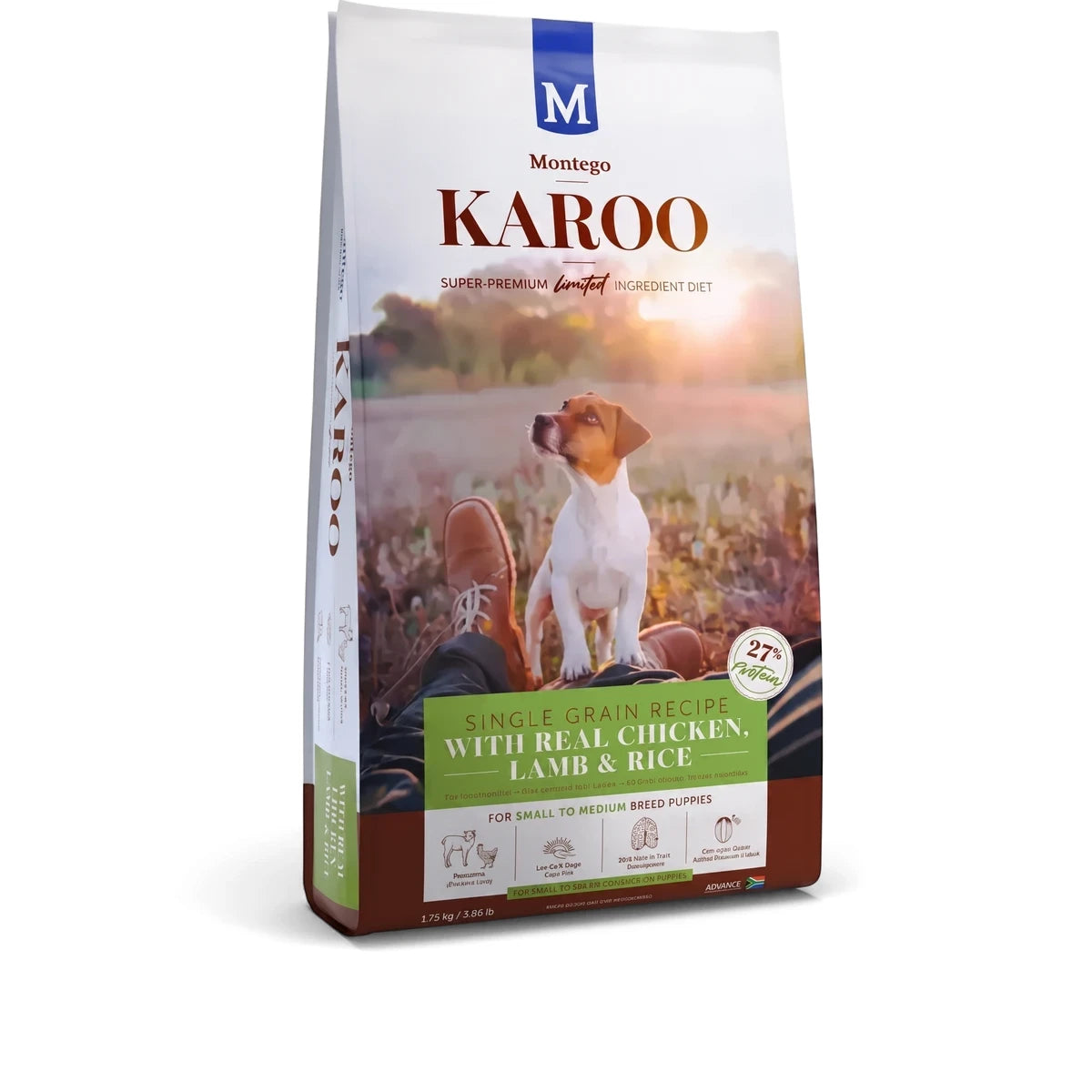 Montego Karoo Small Breed Puppy Dog Food with Chicken, Lamb & Rice, 1.75kg bag featuring a puppy graphic.
