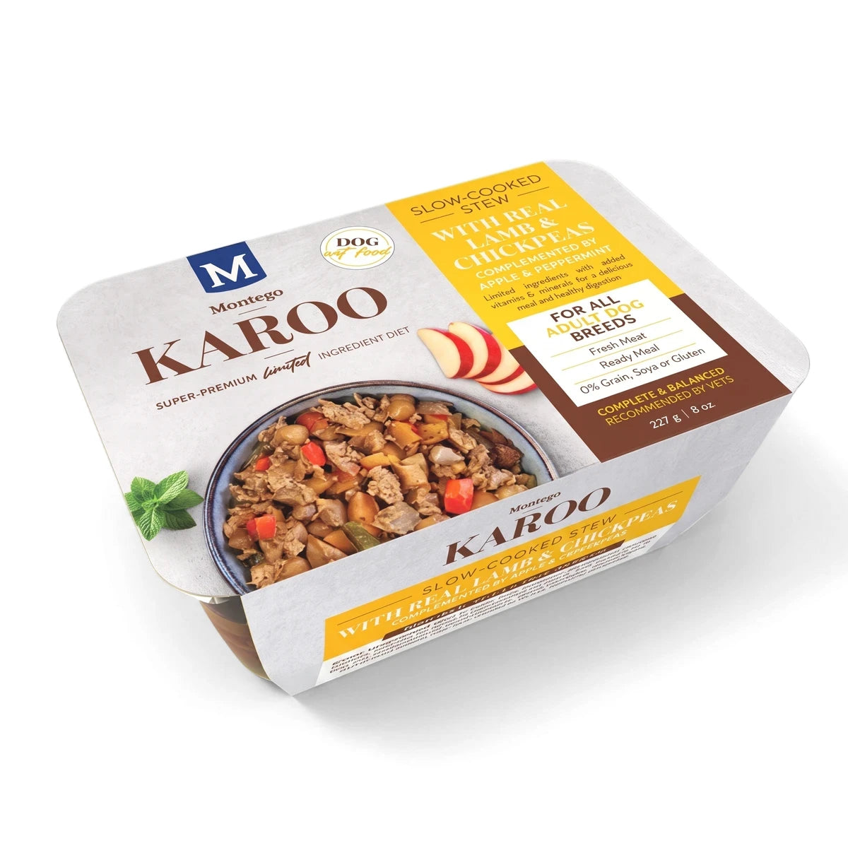 Montego Karoo Wet Adult Slow-Cooked Stew with Real Lamb & Chickpeas Dog Food, 8 oz tray in white and yellow packaging with