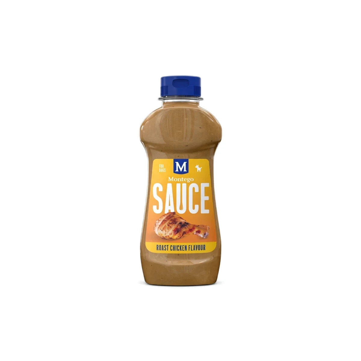 Montego Roast Chicken Flavour Sauce for dogs in a brown bottle with a blue cap and a yellow label featuring a grilled