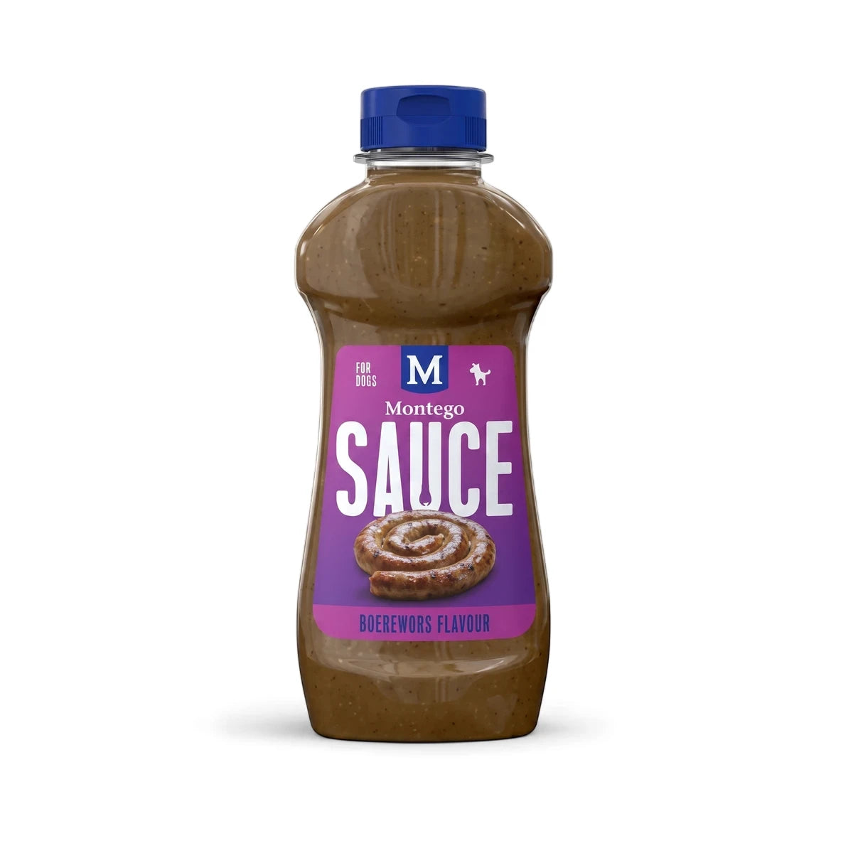 Montego Sauce Boerewors Flavor dog food in a contoured plastic bottle with a blue cap and purple label.