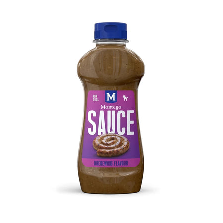 Montego Sauce Boerewors Flavor dog food in a contoured plastic bottle with a blue cap and purple label.