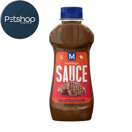 Montego Sauce Grilled Steak Flavour for dogs in a brown plastic bottle with a red label and blue cap.