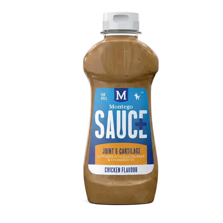 Montego Sauce Plus Joint & Cartilage Chicken Flavour dog food supplement in a brown plastic bottle with a white cap.