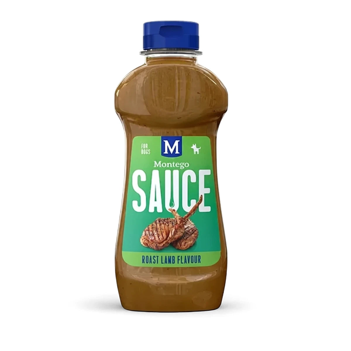 Montego Sauce Roast Lamb Dog Food, a brown bottle with a blue cap and a green label featuring lamb illustration.