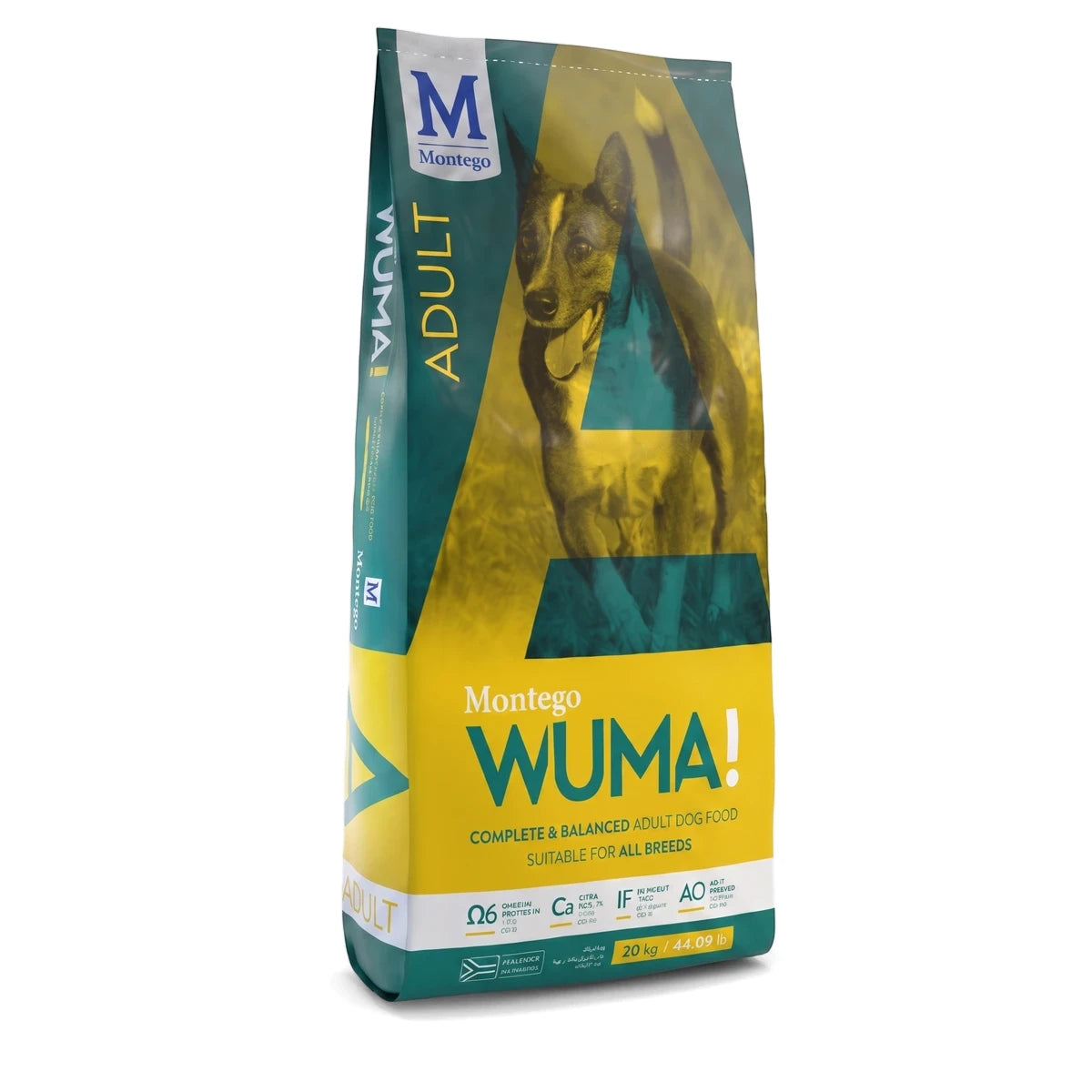 Montego Wuma! Adult Dog Food bag, green and yellow, featuring a dog graphic, standing upright on a white background.