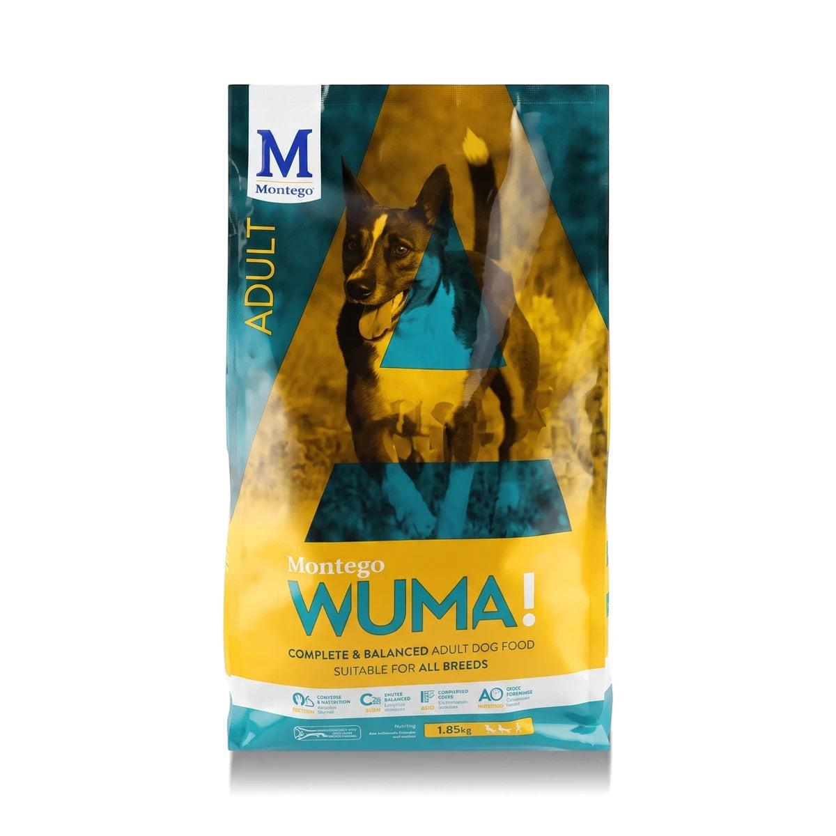 Montego Wuma! Adult Dog Food in a distinctive teal, yellow, and black bag with a dog illustration.