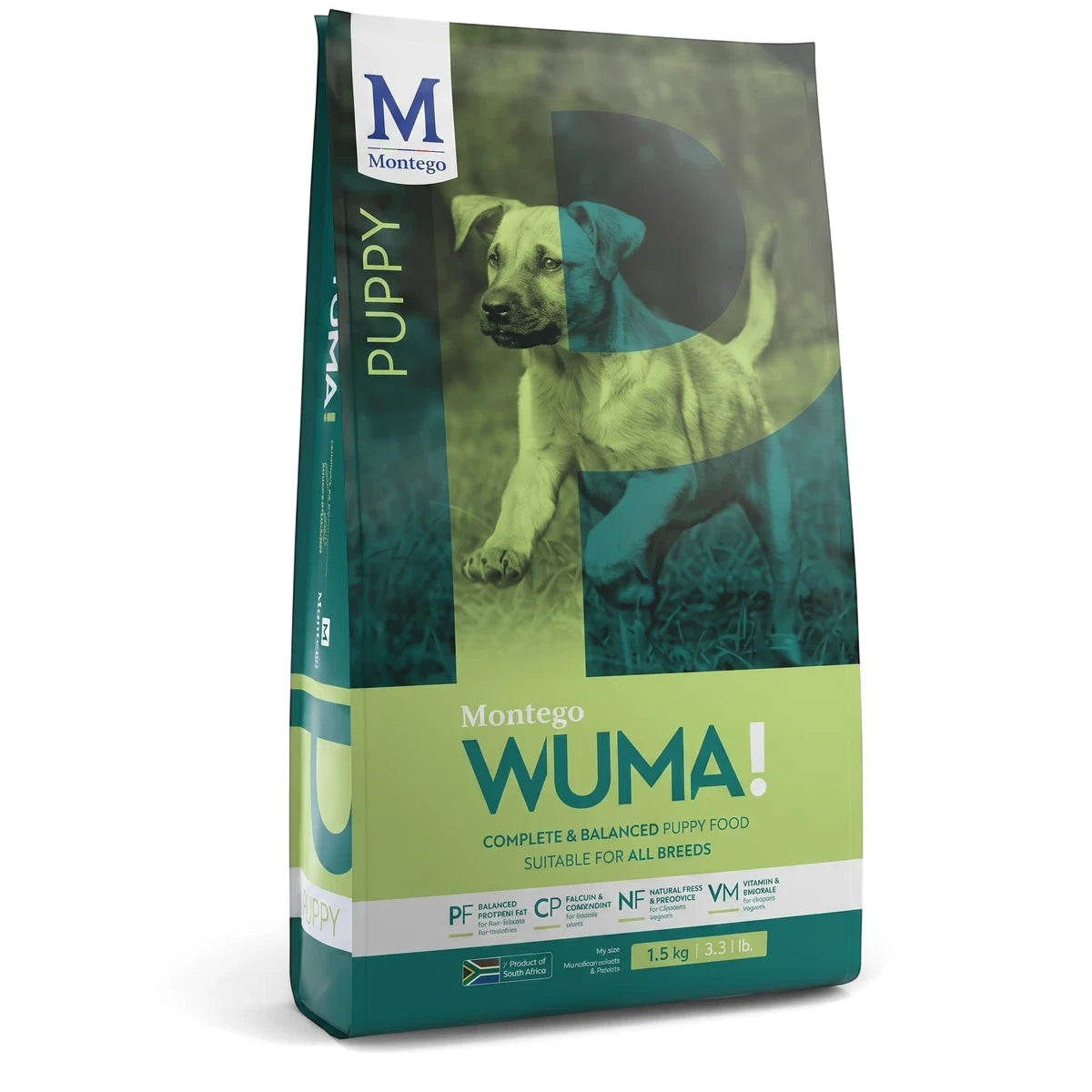 Montego Wuma! Puppy Dog Food 1.5 kg bag, green, white, and blue, featuring a puppy image on the front, providing complete