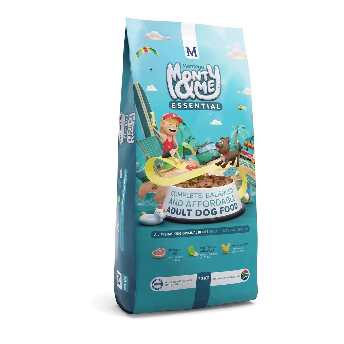 Monty & Me Dog Food Adult Dog Food in teal bag, front view of packaged dry food for adult dogs.