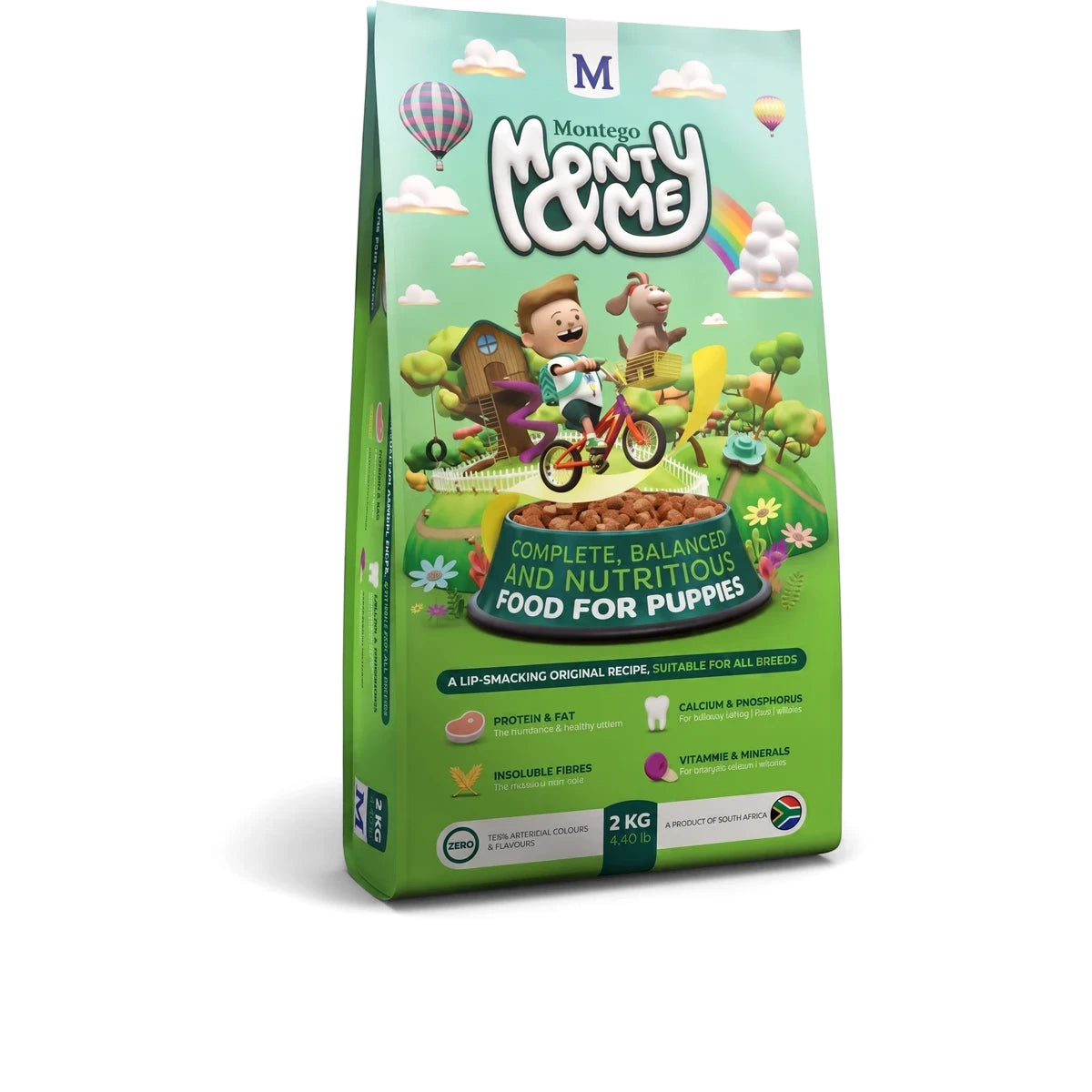 Monty & Me puppy dog food 2 kg green bag, front view of complete balanced dry kibble for puppies.