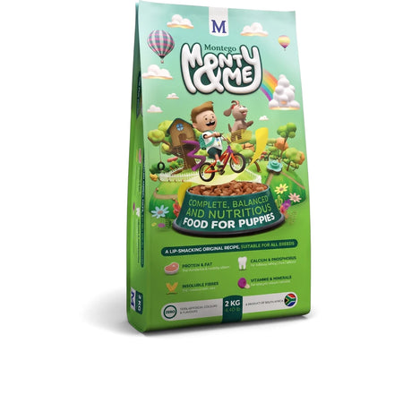 Monty & Me puppy dog food 2 kg green bag, front view of complete balanced dry kibble for puppies.