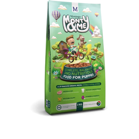 Monty & Me Dog Food Puppy Dog Food in a green 2kg bag, front view, complete balanced food for puppies.
