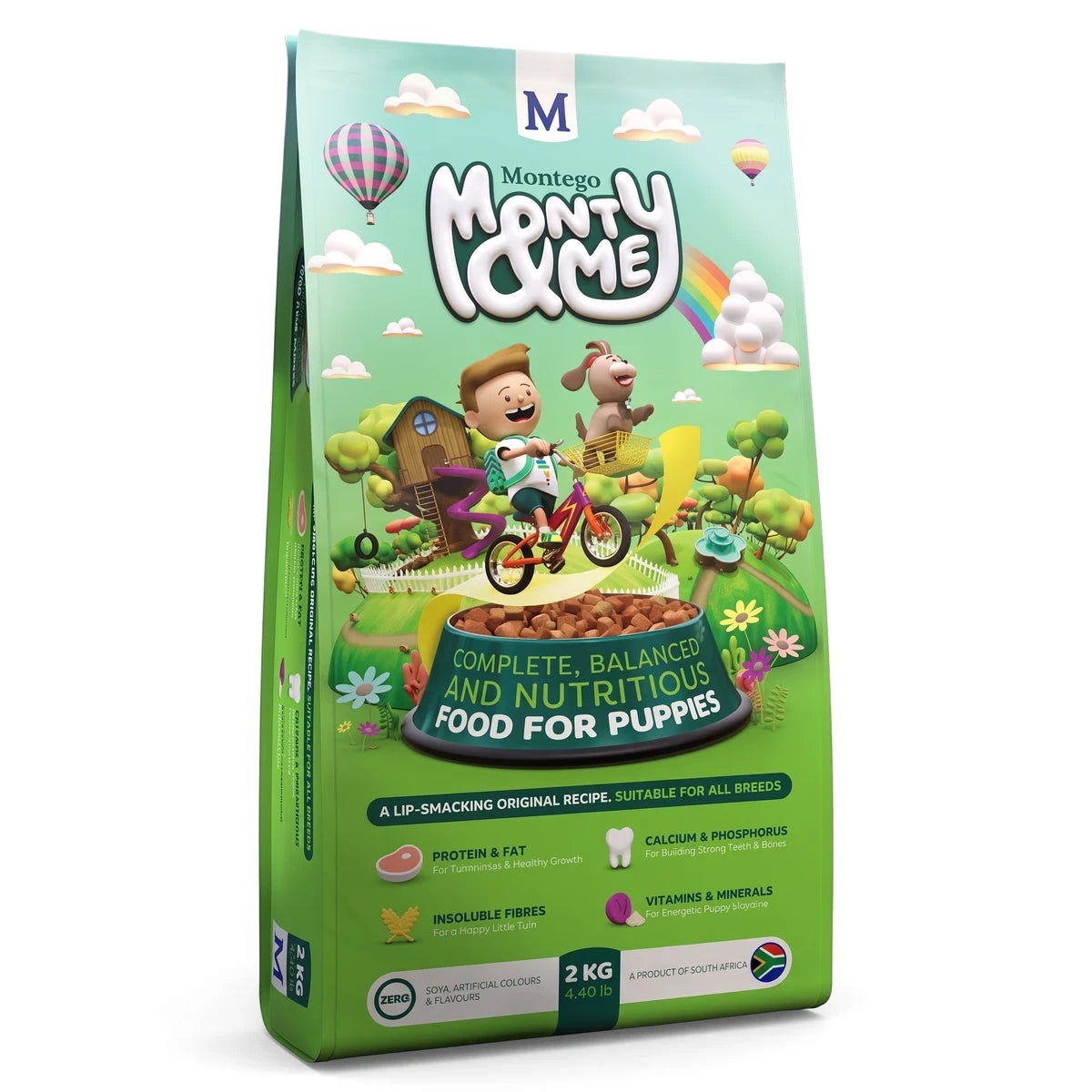 Monty & Me Small Puppy Dog Food, a 2kg green and white bag with cartoon graphics of a boy and dog.