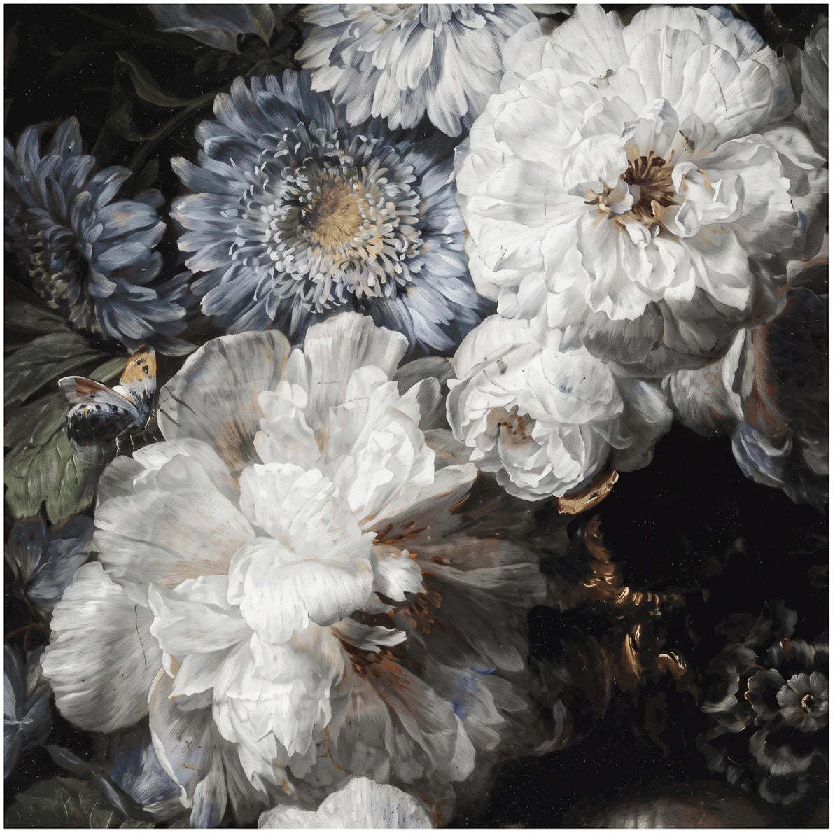 Close-up of a Moody Bunch floral arrangement, featuring white and blue-grey flowers with dark green and brown foliage