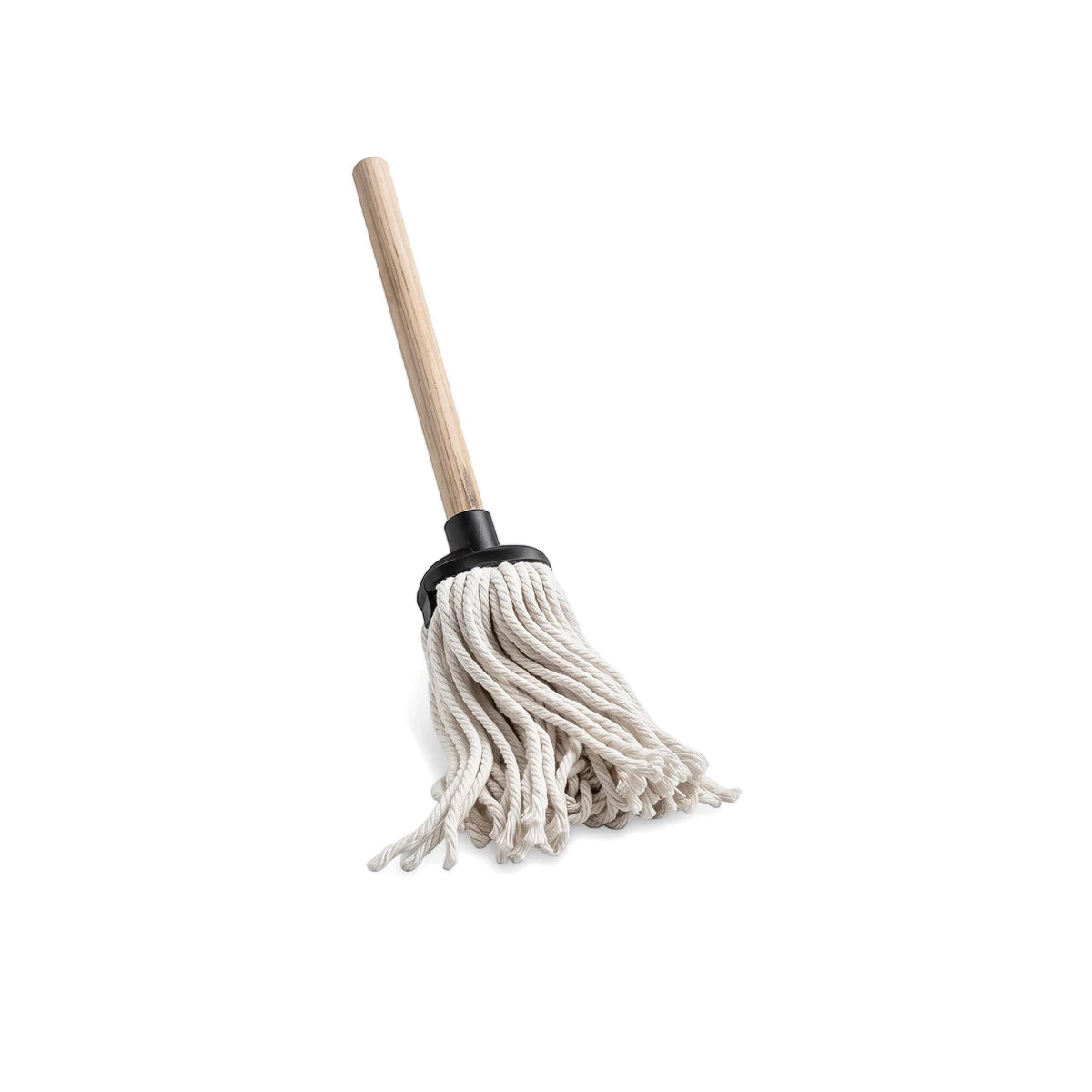 Mop 100G with a wooden handle and white string mop head, positioned upright on a white background.