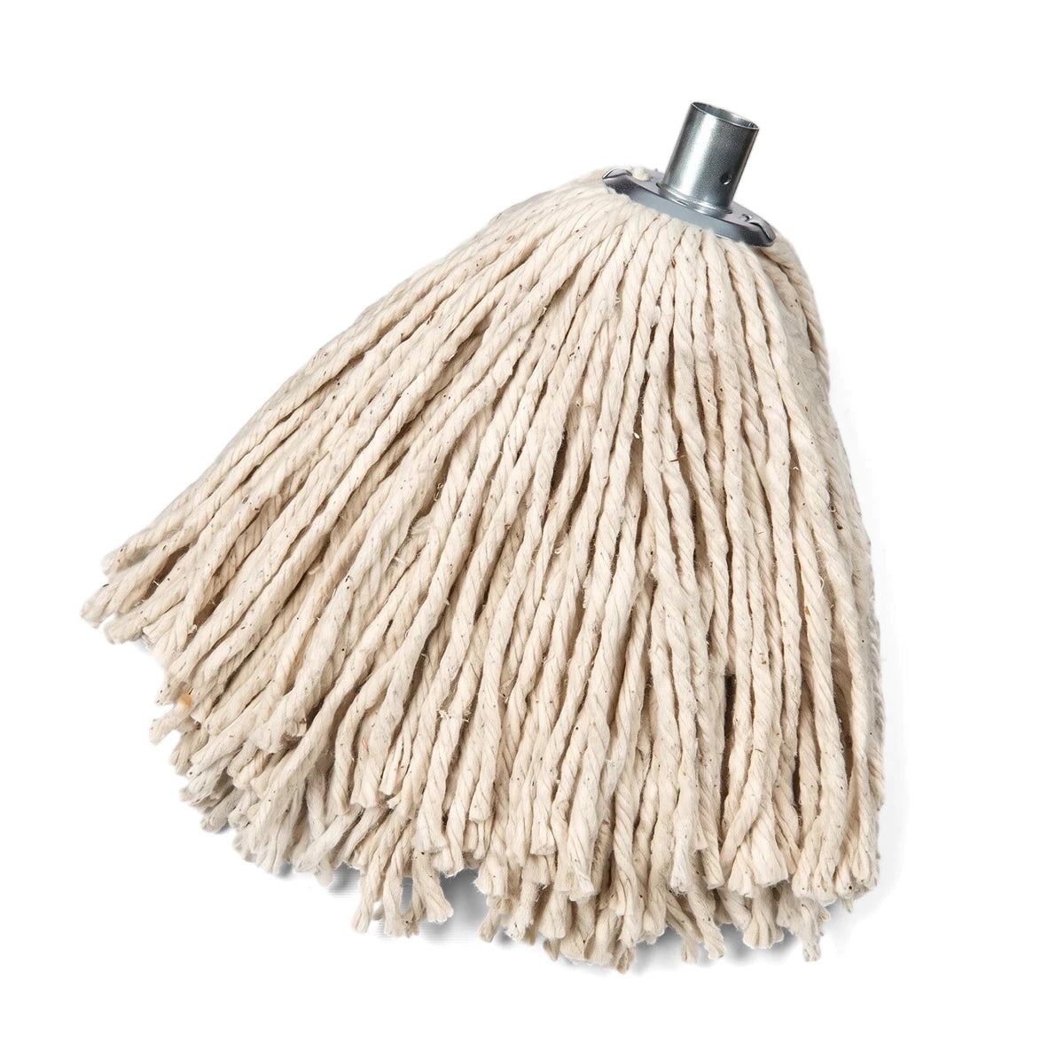 Off-white cotton string mop head with a silver metal fitting socket, shown angled in a studio shot.