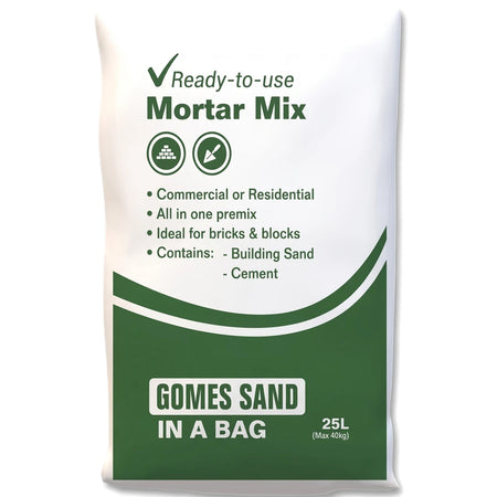 White bag of Gomes Sand Ready-to-use Mortar Mix (Building) Premix 40kg, with a green label indicating 25L (Max 40kg)
