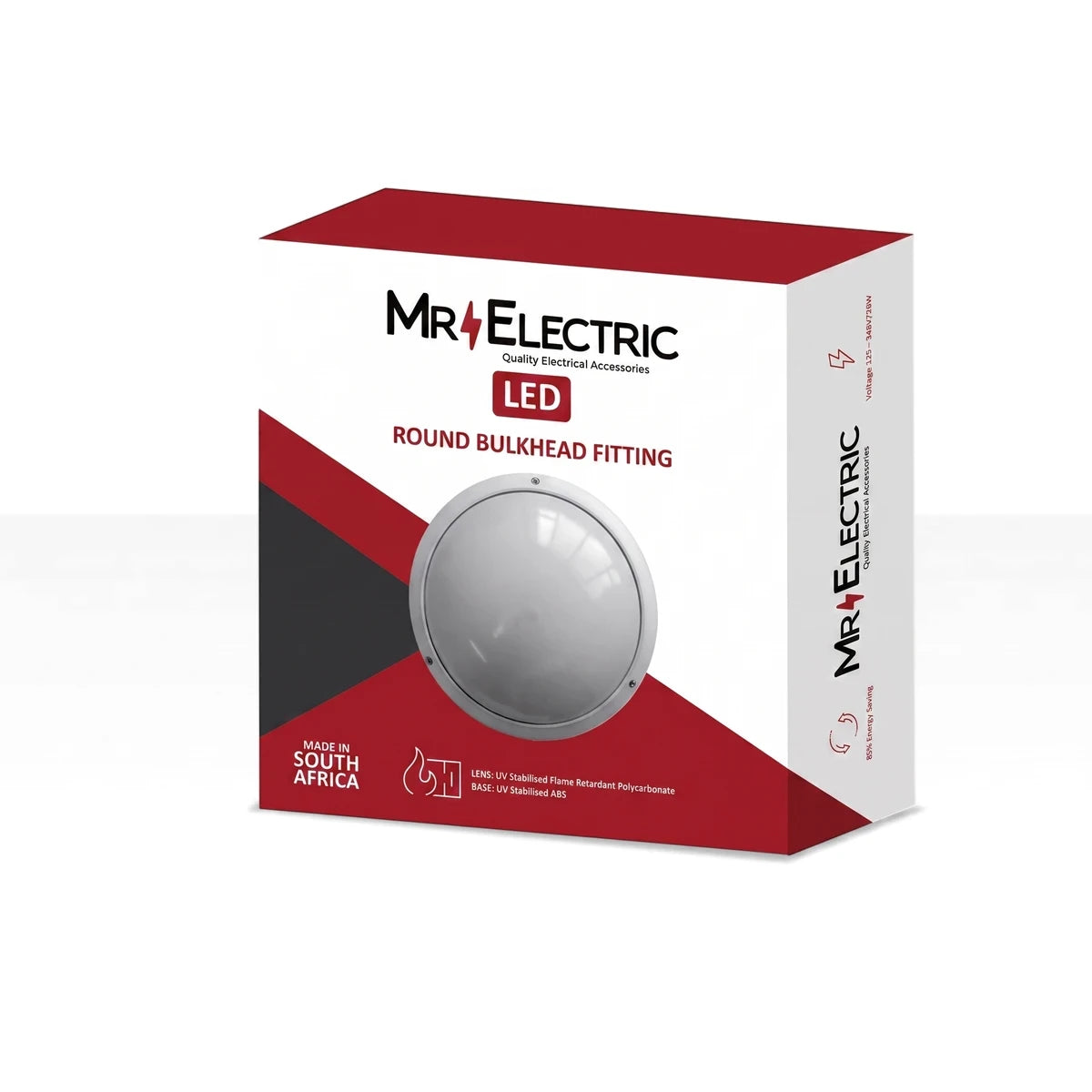 Mr E Bulkhead Light packaging box, featuring the LED Round Bulkhead Fitting, Made in South Africa.