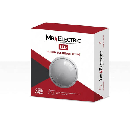 Mr E Bulkhead Light packaging box, featuring the LED Round Bulkhead Fitting, Made in South Africa.