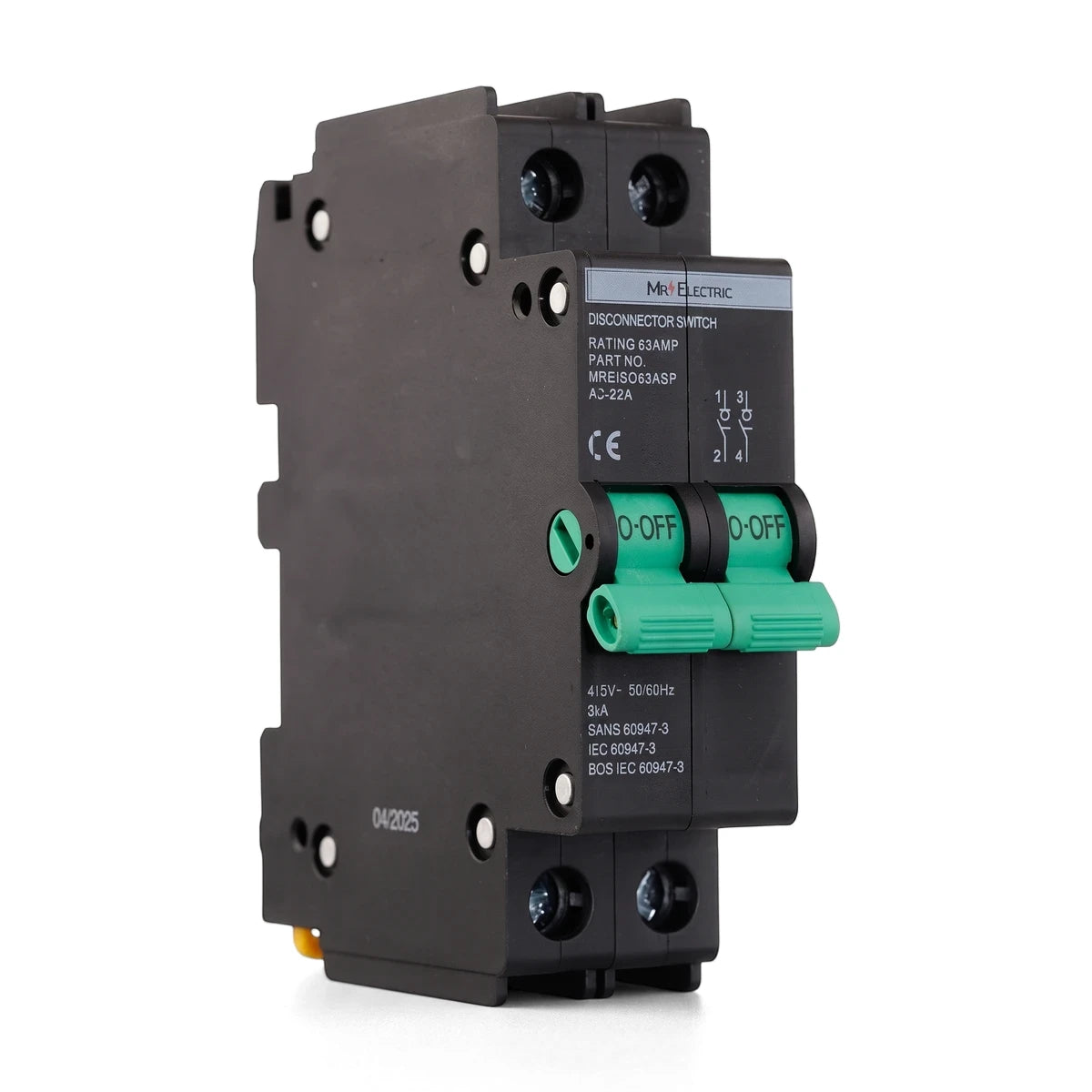 Mr Elec Mini Rail 2P Iso 63A disconnector switch, black with green levers, designed for electrical circuit isolation.