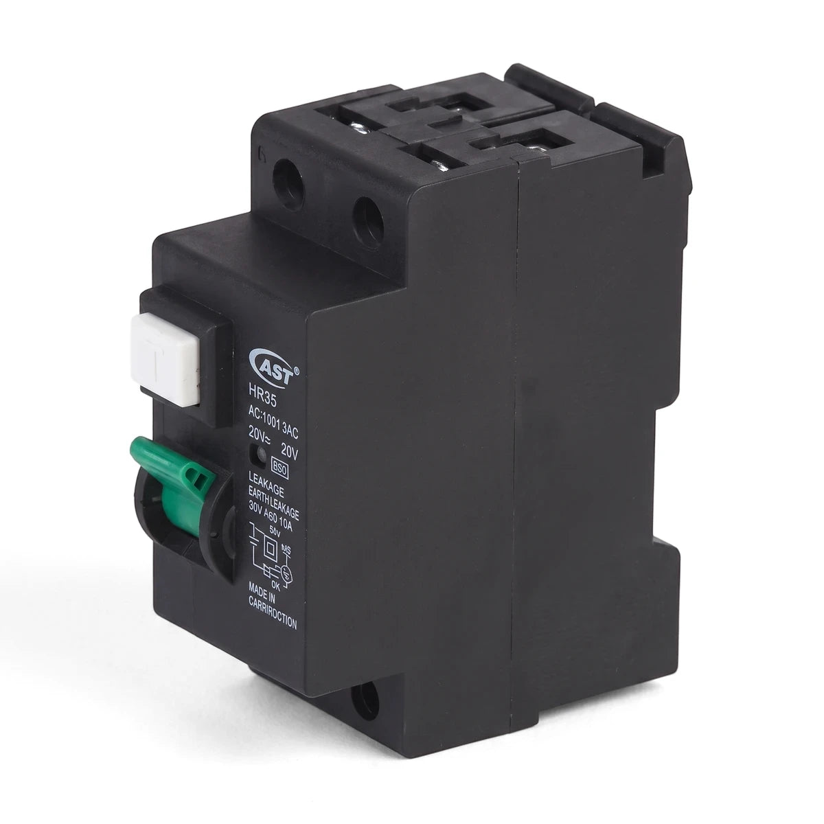 Black Mr Elec Mini Rail E/L 63A Earth Leakage Unit with a green switch, designed for electrical circuit protection.