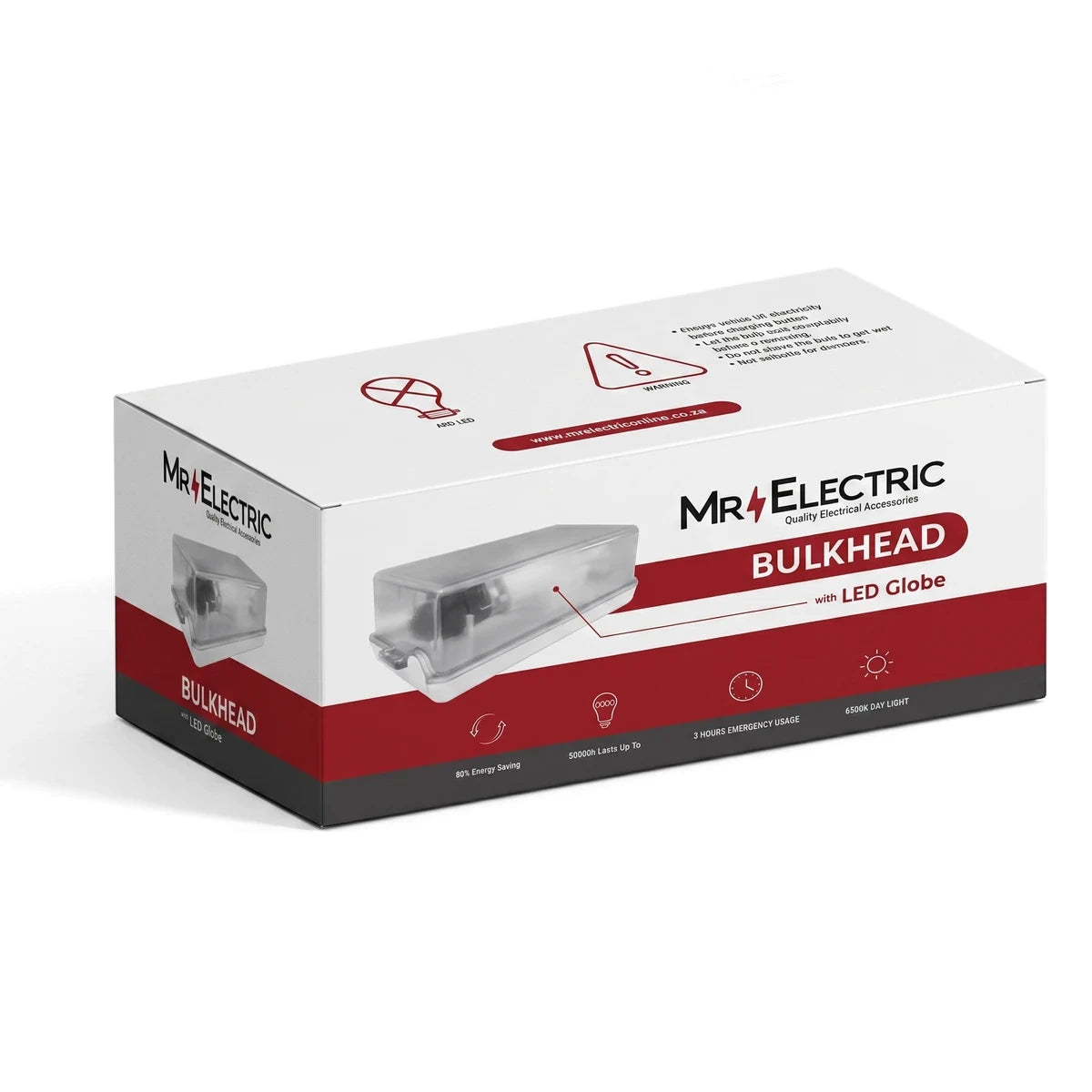White and red Mr. Electric Bulkhead LED Globe light fixture packaging box, angled to show the front and top, detailing
