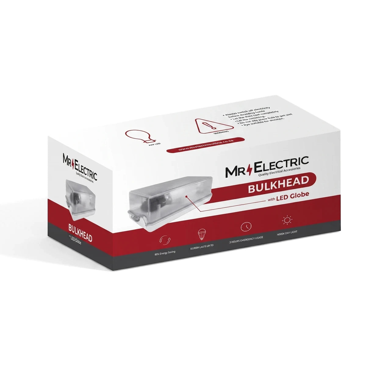 Mr Electric Bulkhead Slimline LED globe light product packaging in a white and red box, presented at an angle.