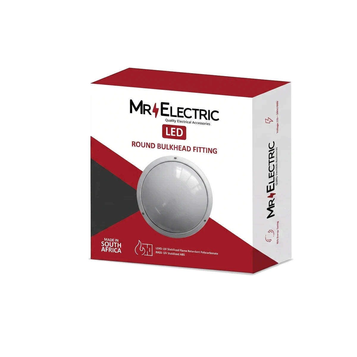Mr. Electric LED Round Bulkhead Fitting product box in red, white, and black design, showcasing the lighting fixture.