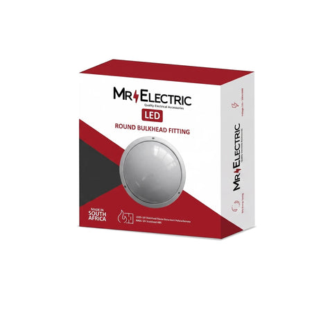 Mr. Electric LED Round Bulkhead Fitting product box in red, white, and black design, showcasing the lighting fixture.