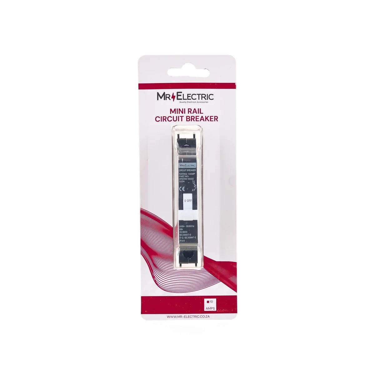 Mr Electric Mini Rail 10A Circuit Breaker in a clear blister pack packaging, shown vertically on a white background.