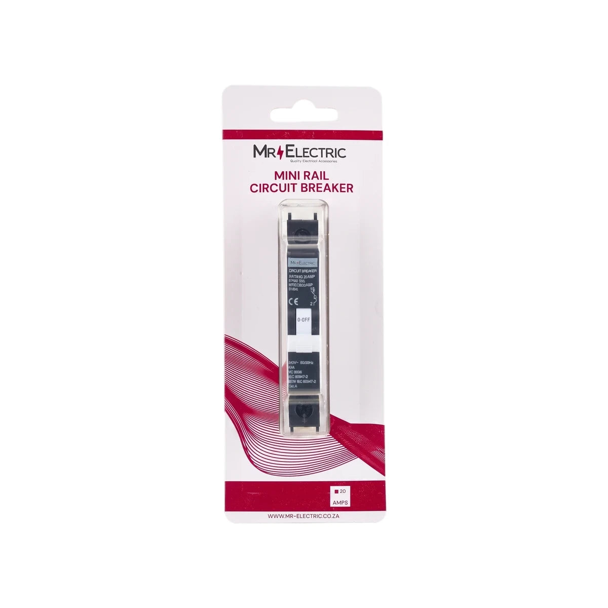 Mr. Electric Mini Rail Circuit Breaker, 20A, presented in a sealed clear plastic blister pack on a white card. Essential